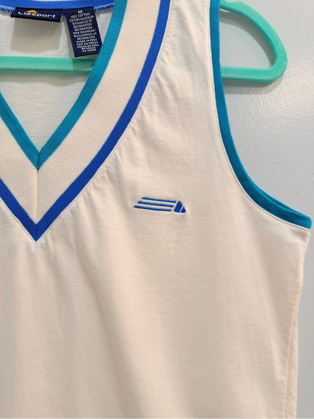Vintage 90s Lizsport Liz Claiborne V-Neck Cotton Vest Tank Top White Blue Medium - Picture 3 of 12
